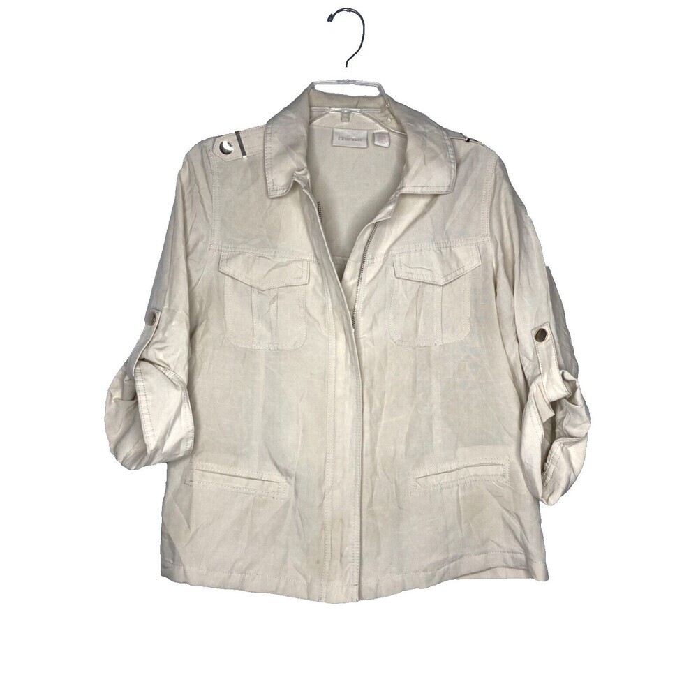 Chico's Jacket Women‎ Size 0 Safari Style Linen Cream Roll Tab Sleeve Zip Front